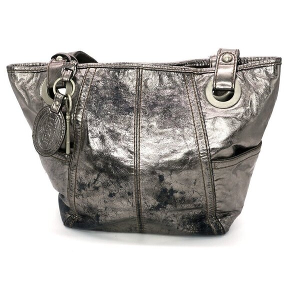 FOSSIL Long Live Vintage Silver Metallic Distressed Leather Hathaway Tote Bag - Picture 2 of 8